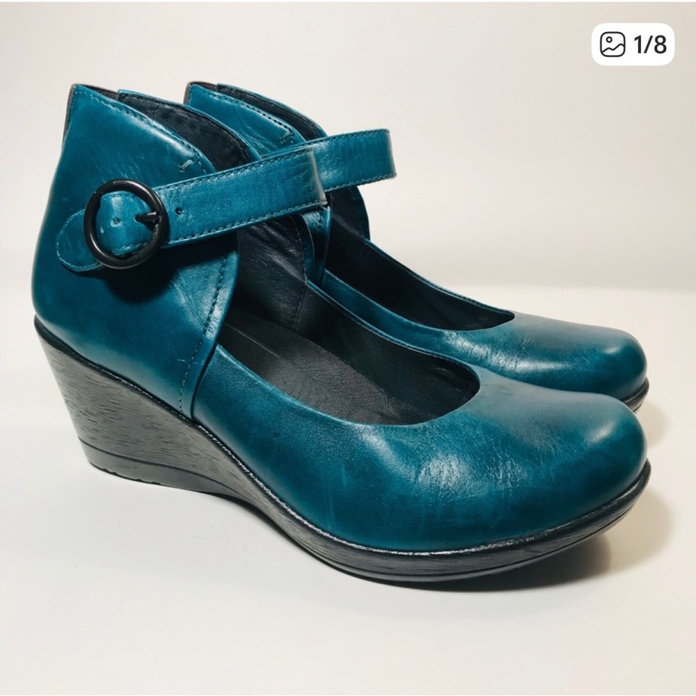 Dansko Teal Green Mary Jane Leather Wedges Sz. 39